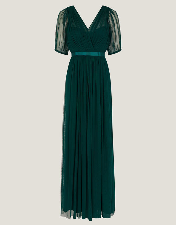 Ellie Sheer Sleeve Plunge Tulle Maxi Dress, Green (DARK GREEN), large