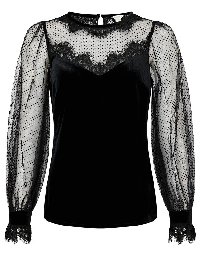 Lisandra Lace and Velvet Blouse, Black (BLACK), large