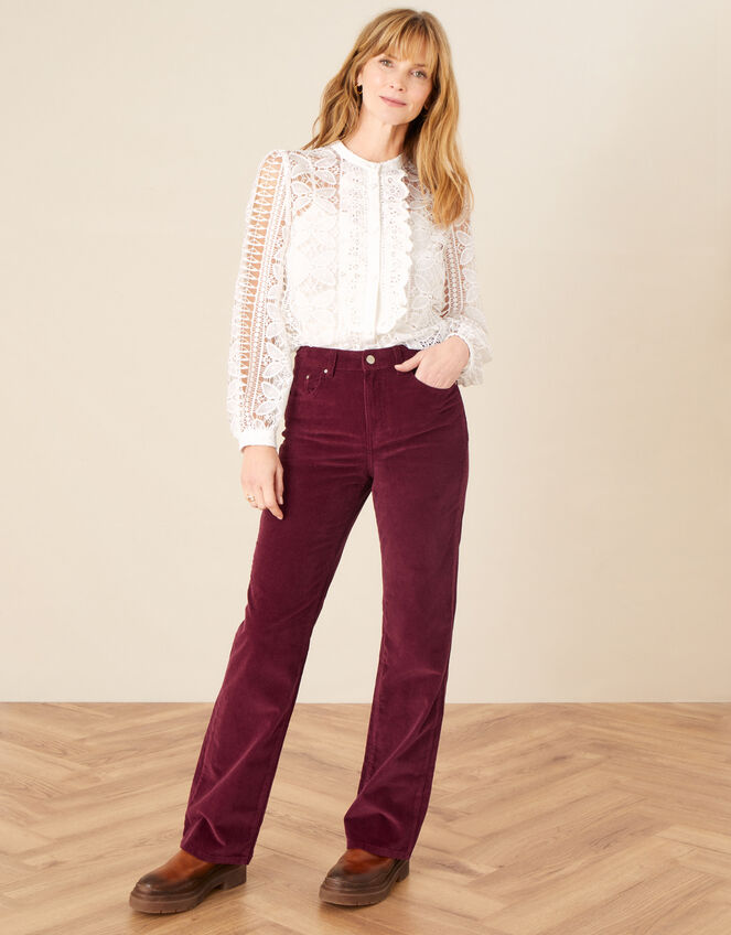 Berry Cord Flare Trousers, Red (BERRY), large