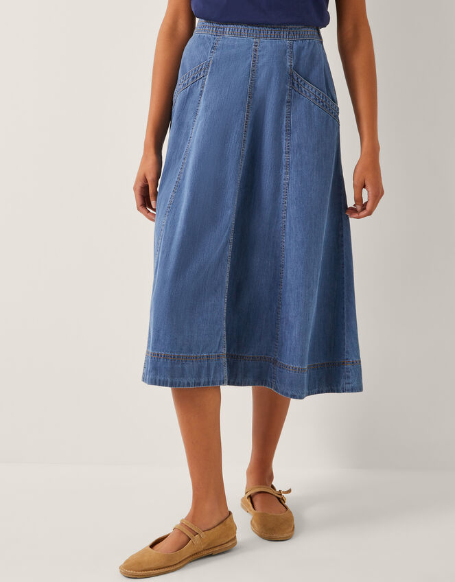 Harper Seamed Denim Midi Skirt Blue