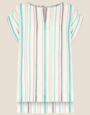 Stripe Print Top in Linen Blend, White (WHITE), large