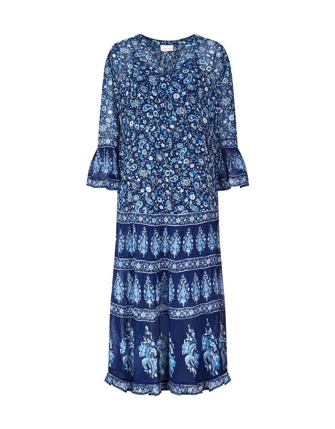 East Print Tiered Maxi Dress, Blue (NAVY), large