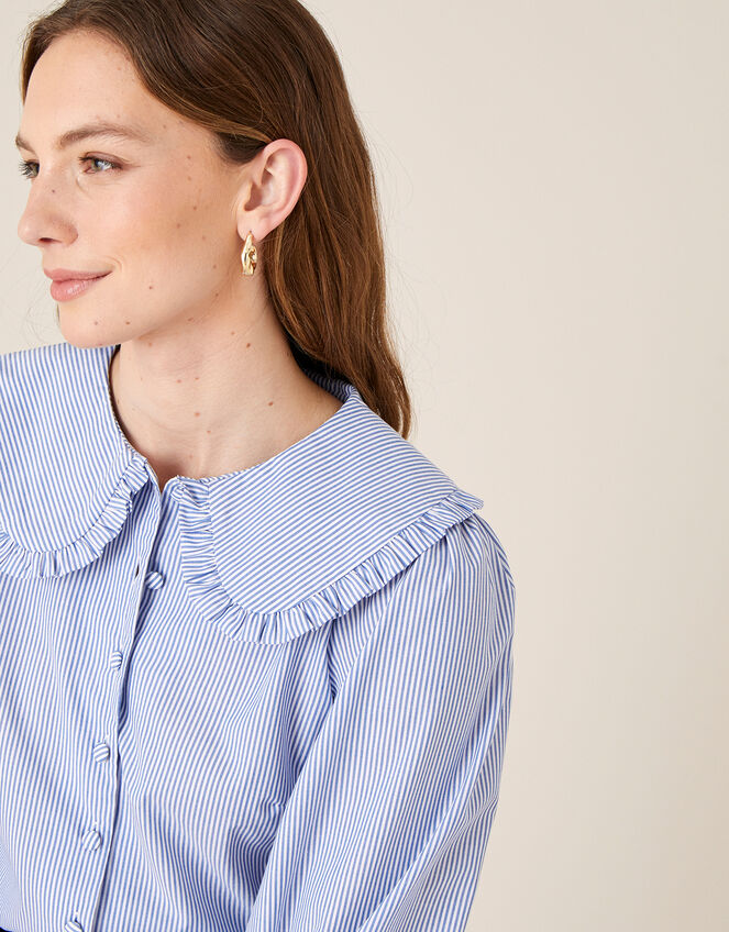 Frill Collar Stripe Poplin Shirt, Blue (BLUE), large