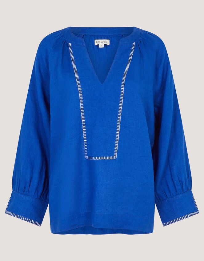 Frida V-Neck Linen Blouse, Blue (COBALT), large