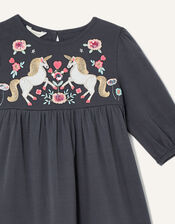 Embroidered Unicorn Long Sleeve Jersey Dress, Grey (CHARCOAL), large