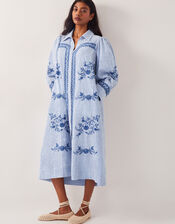 Marlowe Stripe Embroidered Midi Shirt Dress, Blue (BLUE), large