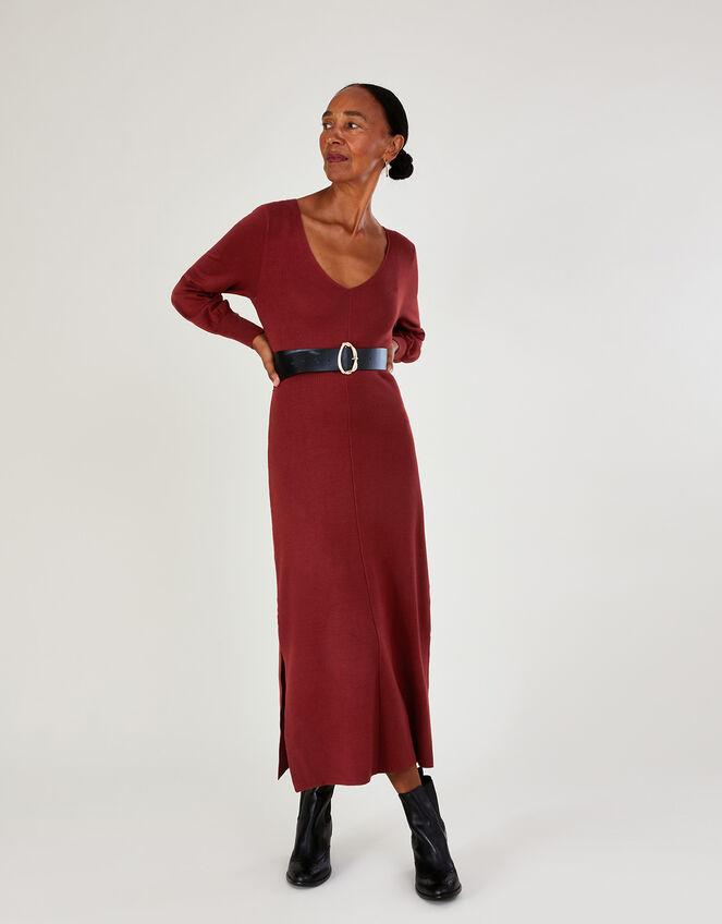 V-Neck Belted Knit Maxi Dress, Orange (RUST), large