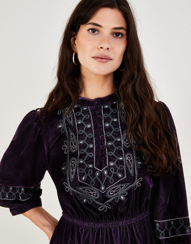 Emily Embroidered Military Velvet Midi Dress, Purple (PLUM), large