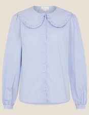 Frill Collar Stripe Poplin Shirt, Blue (BLUE), large