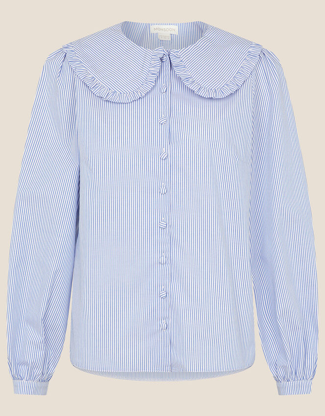 Frill Collar Stripe Poplin Shirt, Blue (BLUE), large