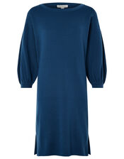 Jenna Balloon Sleeve Knitted Dress in Recycled Polyester, Teal (TEAL), large