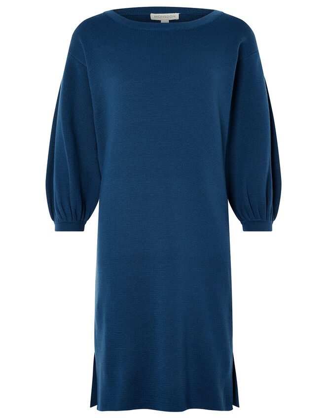 Jenna Balloon Sleeve Knitted Dress in Recycled Polyester, Teal (TEAL), large