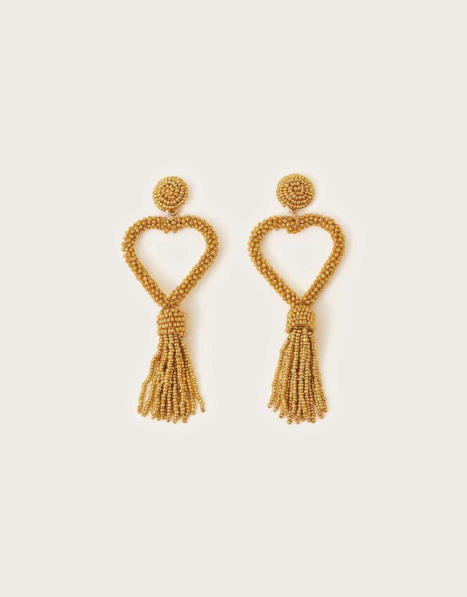 Beaded Heart Tassel Earrings, Gold (GOLD), large