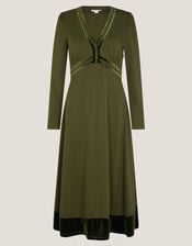 Viv Velvet Trim Long Sleeve Midi Dress, Green (KHAKI), large
