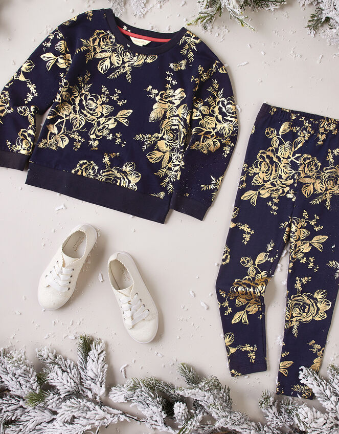 Foil Flower Sweatshirt and Joggers Set, Blue (NAVY), large