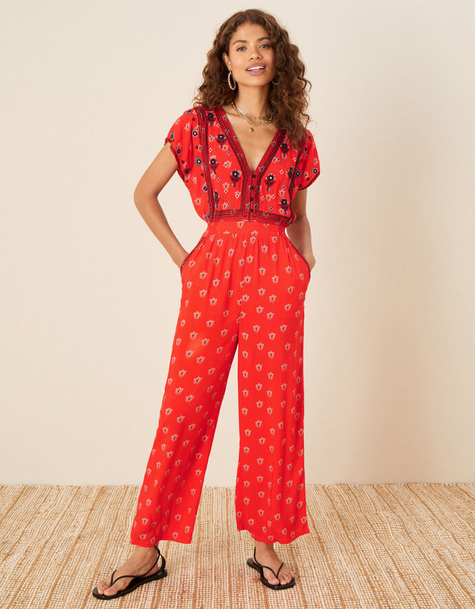 Embroidered Trim Printed Jumpsuit Jumpsuits Monsoon UK.