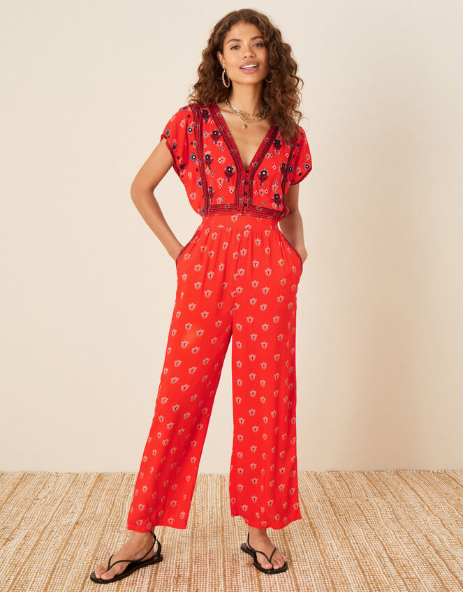 Embroidered Trim Printed Jumpsuit, Red (RED), large