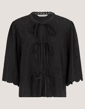 Cindy Embroidered Tie Front Top, Black (BLACK), large