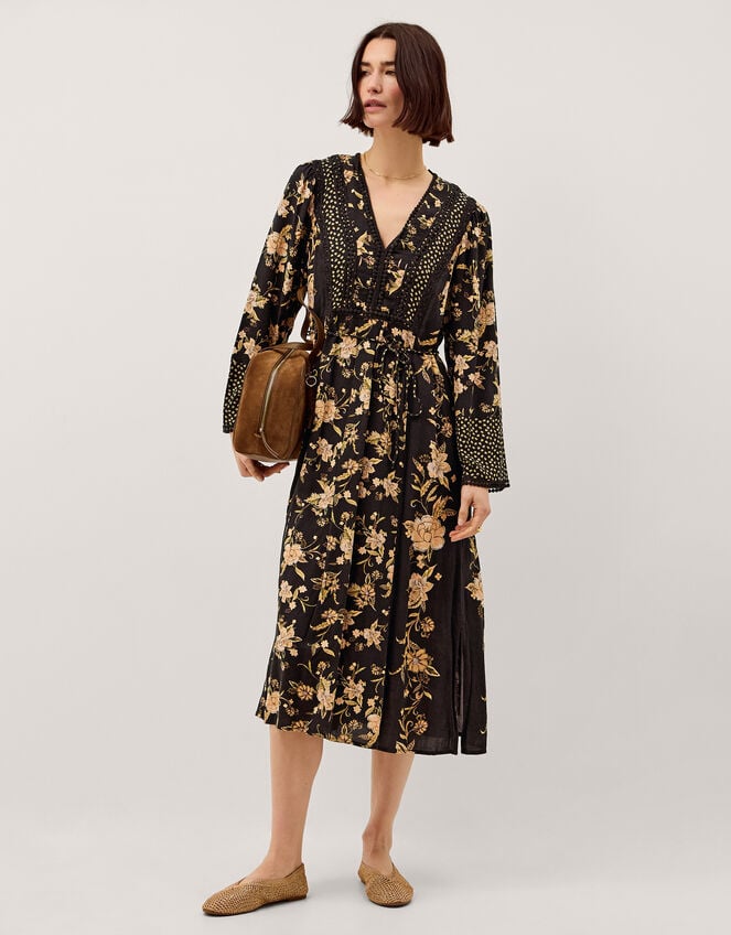 Rosaleigh V-Neck Floral Midi Dress, Black (BLACK), large