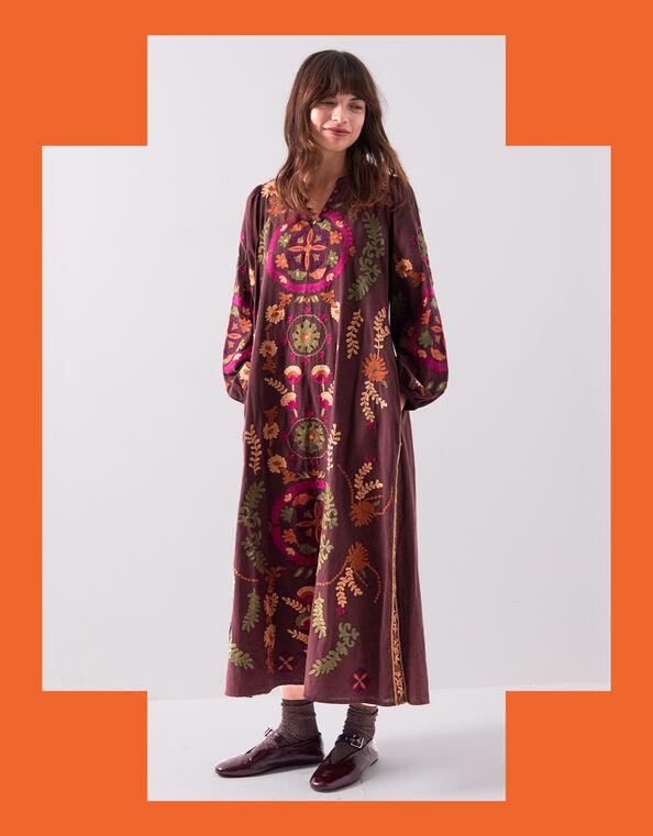 East Preeti Embroidered Long Sleeve Maxi Dress, Red (BERRY), large