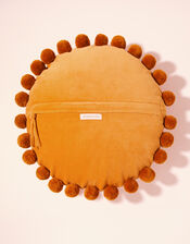 Pom-Pom Trim Velvet Round Cushion, , large