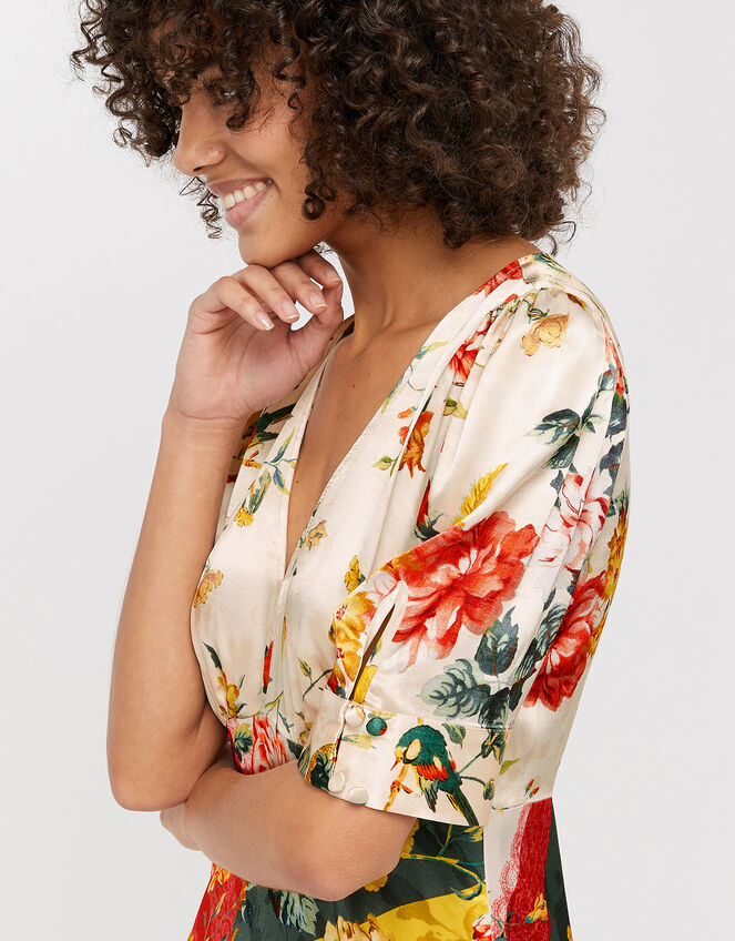 Oana Floral Satin Tea Dress, Ivory (IVORY), large