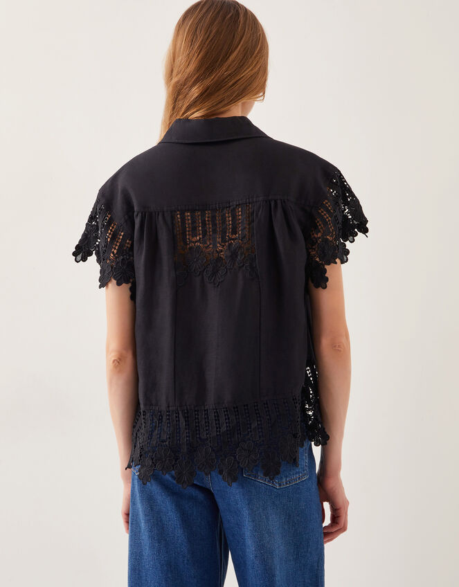 Lara Linen-Blend Short Sleeve Shirt, Black (BLACK), large