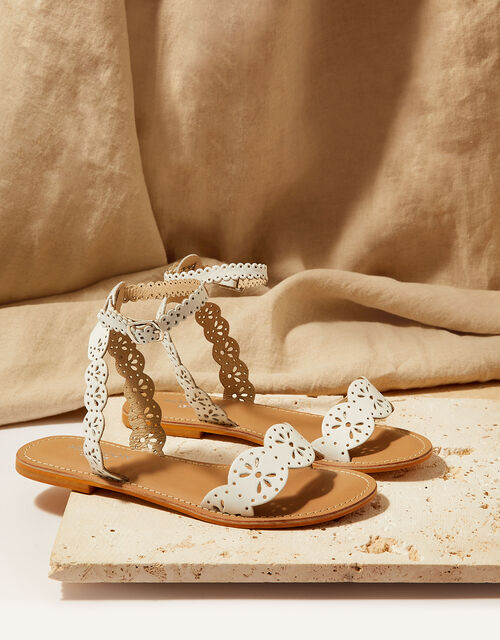 Laser Cut Leather Sandals, White (WHITE), large