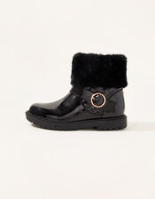 Patent Fur Trim Boots, Black (BLACK), large