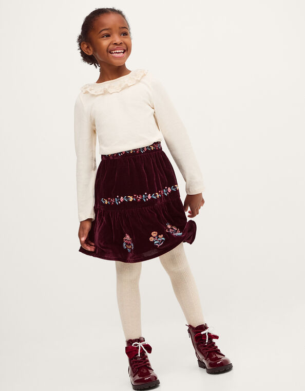 Floral Embroidered Velour Skirt, Red (BURGUNDY), large