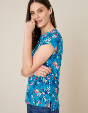 Brady Printed Top in Pure Linen, Blue (BLUE), large