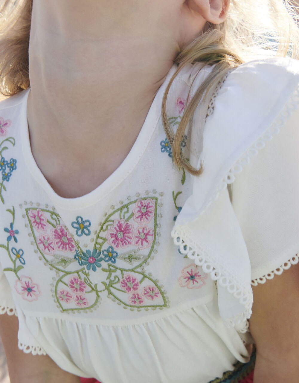Children Girls 3-12yrs | Boutique Butterfly Embroidered Flutter Sleeve Top White - DQ96942