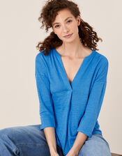 Split Long Sleeve Top in Pure Linen, Blue (BLUE), large