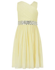 Abbey One-Shoulder Dress with Sequin Waistband, Yellow (LEMON), large