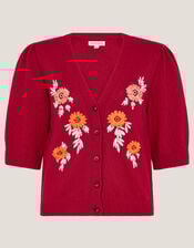 Ellen Short Sleeve Floral Embroidered Cardigan, Red (RED), large
