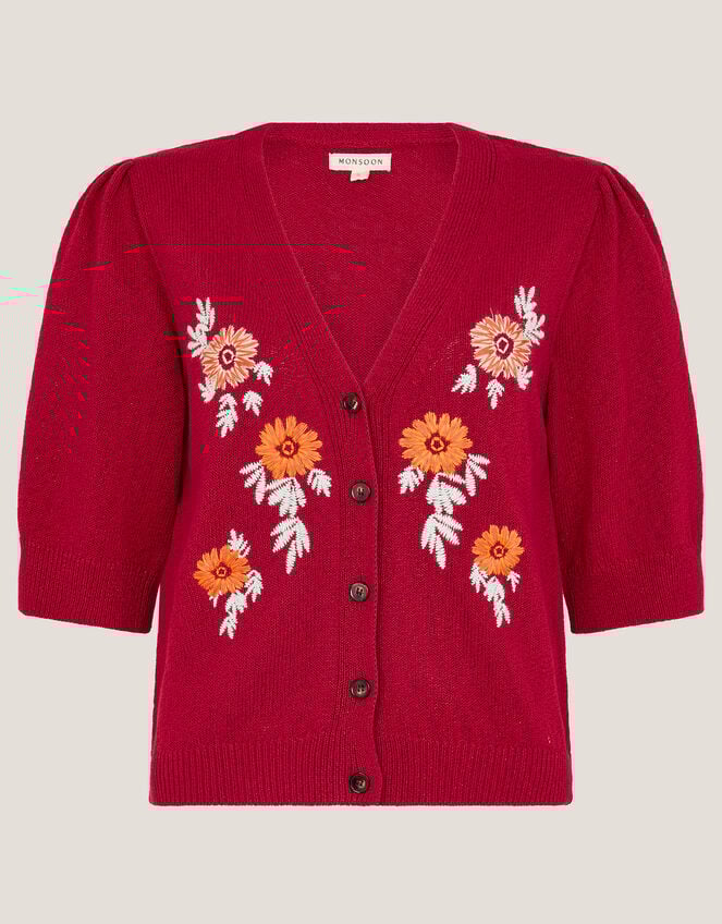 Ellen Short Sleeve Floral Embroidered Cardigan, Red (RED), large