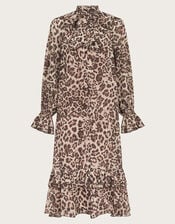 Allegra Pussybow Leopard Print Midi Dress, Brown (BROWN), large