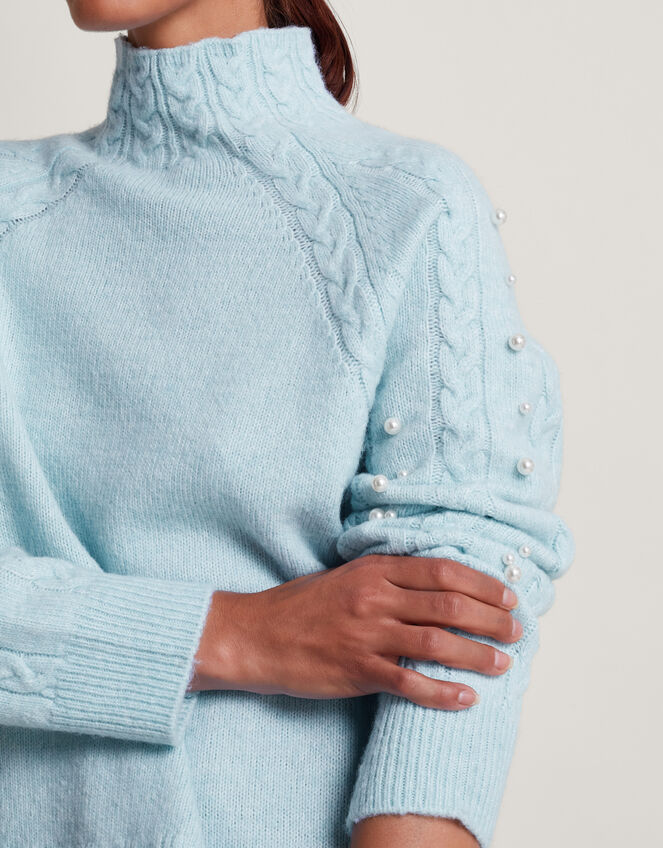 Pearl High Neck Cable Knit Jumper, Blue (BLUE), large