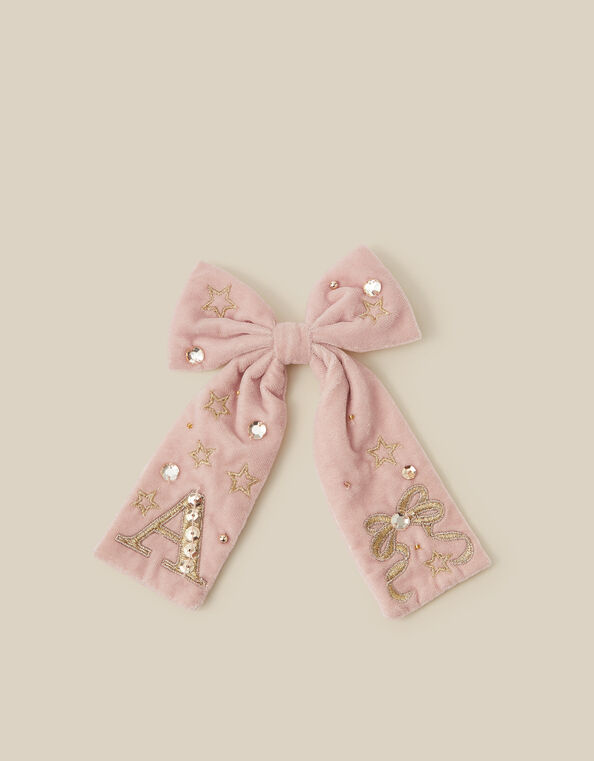 Embellished Velvet Initial Bow Clip, Pink (PINK), large