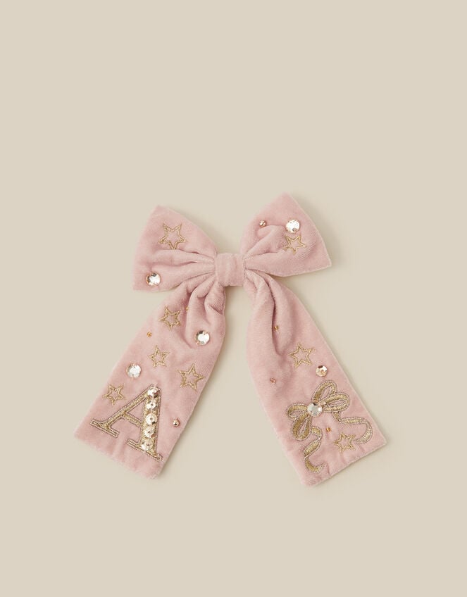 Embellished Velvet Initial Bow Clip, Pink (PINK), large