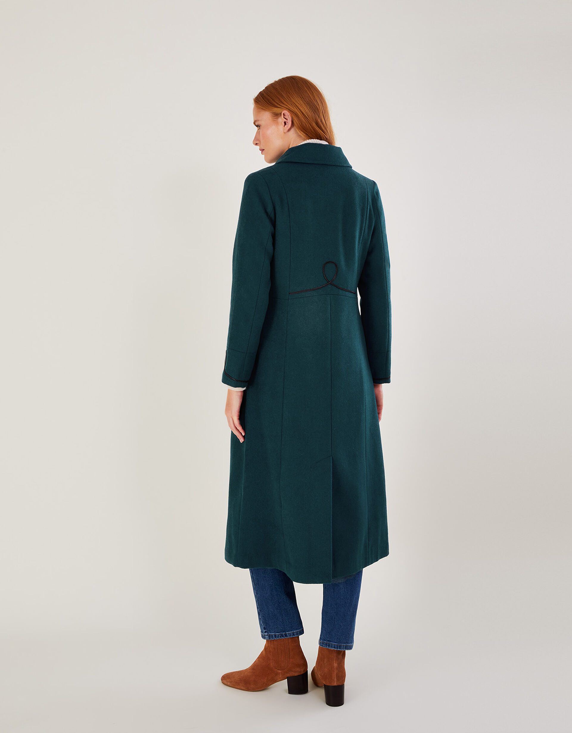 Minnie Military Long Coat in Wool Blend Teal Women's Coats Monsoon UK.