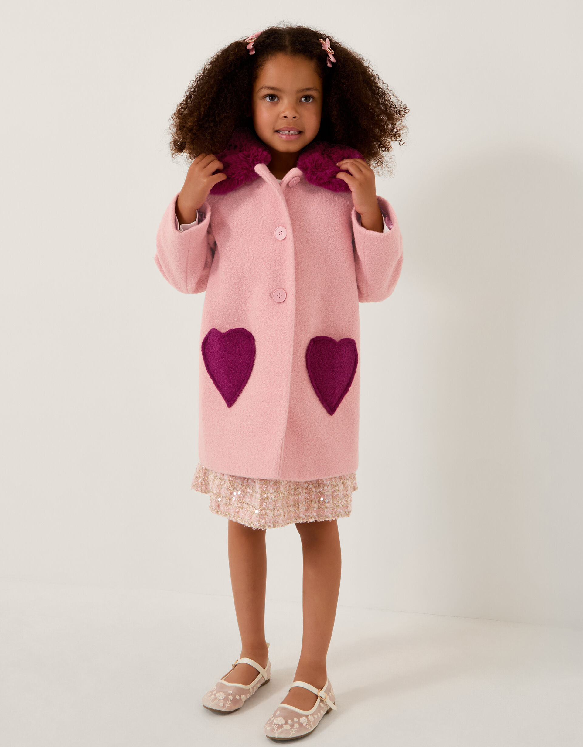 Heart Boucle Faux Fur Collar Coat Pink