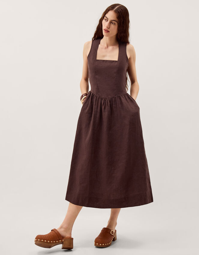 Lily Square Neck Linen Midi Dress Brown