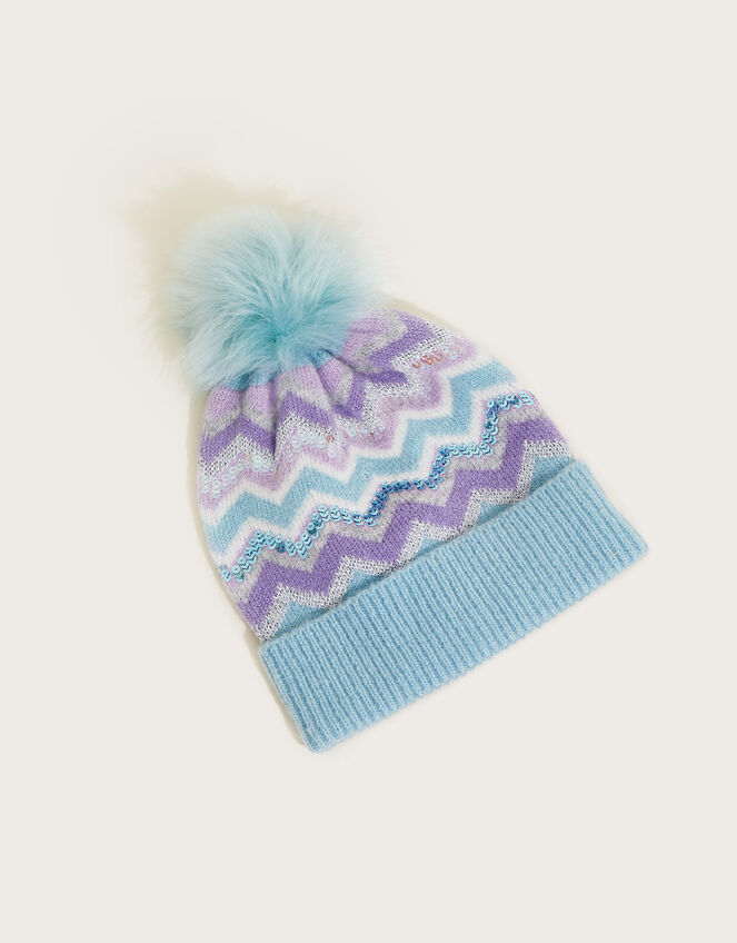 Zig-Zag Sparkle Pom-Pom Hat, Blue (BLUE), large
