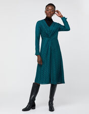 Heidi Horse Satin Jacquard Dress, Teal (TEAL), large