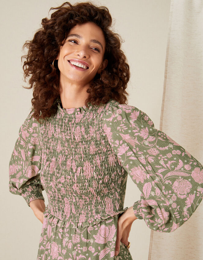 Linie Floral Shirred Dress, Green (KHAKI), large
