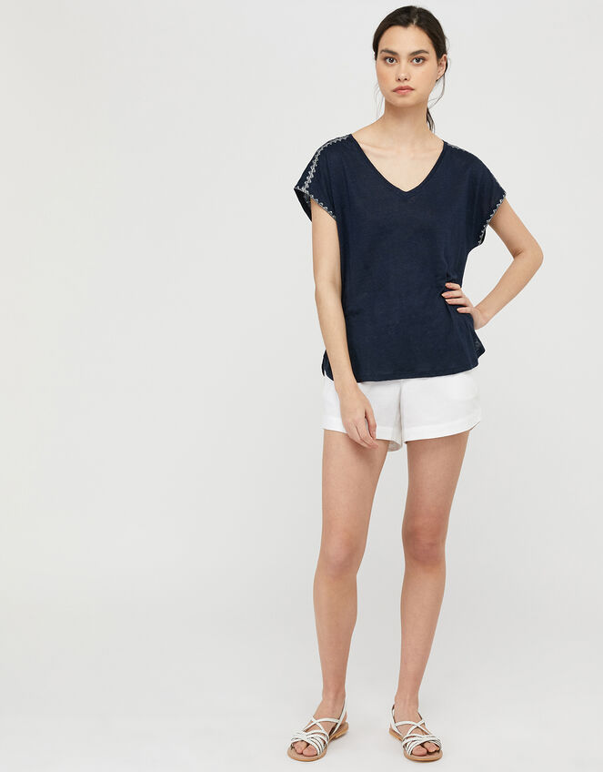 Liza Metallic Stitching T-shirt in Pure Linen, Blue (NAVY), large
