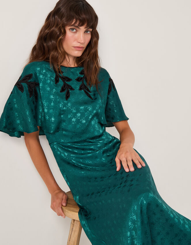 Bianca Embroidered Floral Cape Midi Dress, Green (GREEN), large