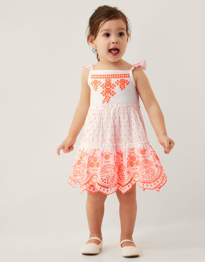 Baby Broderie Tiered Cotton Sundress, Orange (ORANGE), large