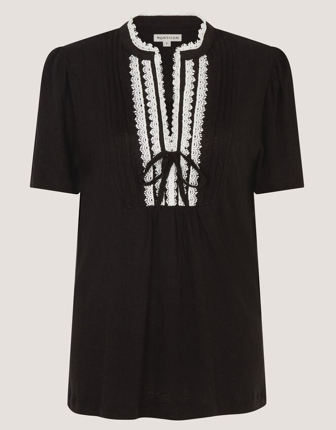 Lucia Lace Linen Blend T-Shirt, Black (BLACK), large